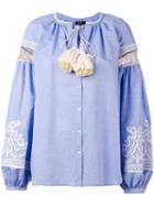 Wandering - Embroidered Bell Sleeve Blouse - Women - Cotton/linen/flax - 42, Blue, Cotton/linen/flax