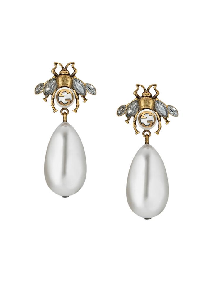 Gucci Bee Earrings With Drop Pearls - Nude & Neutrals