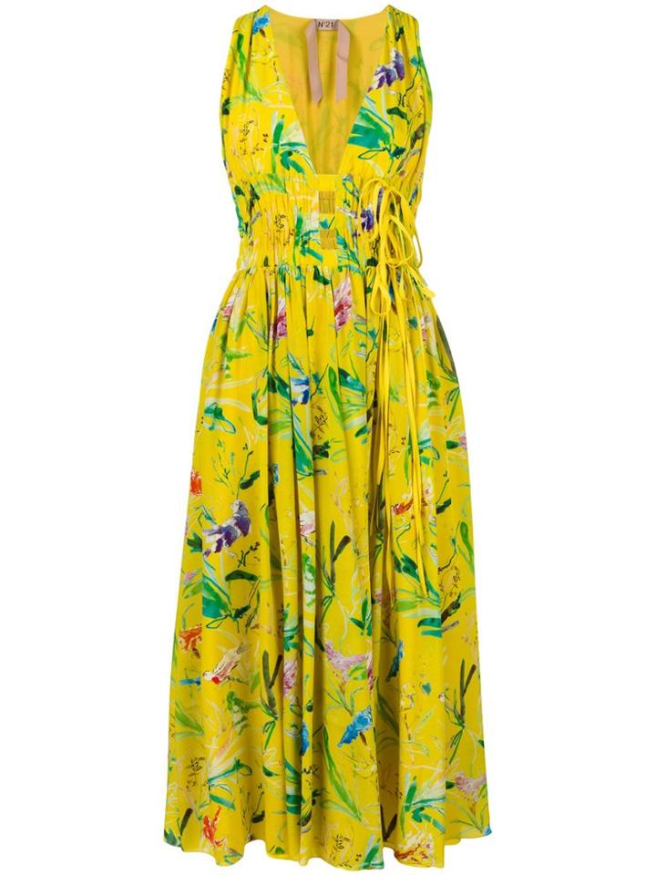 No21 Leaves Print V-neck Dress - Yellow & Orange
