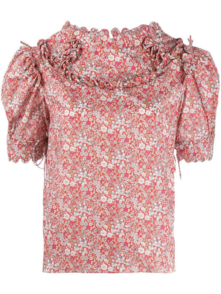 Horror Vacui Floral Ruffle Blouse - Red