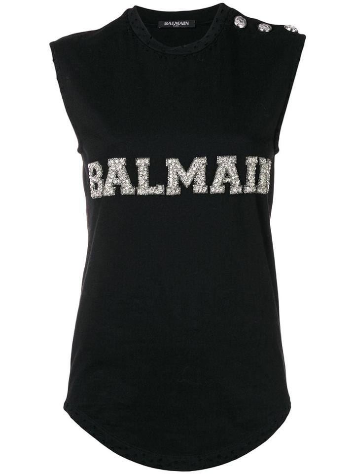 Balmain Logo Embroidered Tank Top - Black