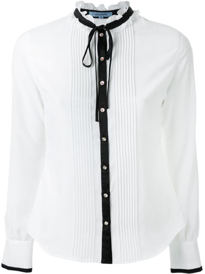 Guild Prime Contrast Trim Ruffle Neck Button Down Shirt, Women's, Size: 34, White, Polyester