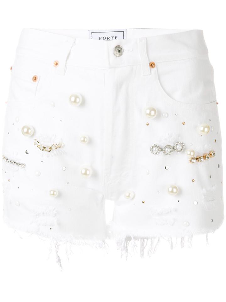 Forte Couture Pearl Embellished Denim Shorts - White