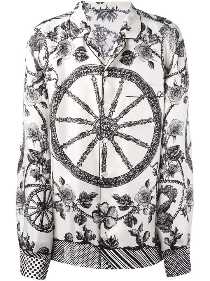 Dolce & Gabbana Wheel Print Pyjama Shirt, Men's, Size: 40, Nude/neutrals, Silk