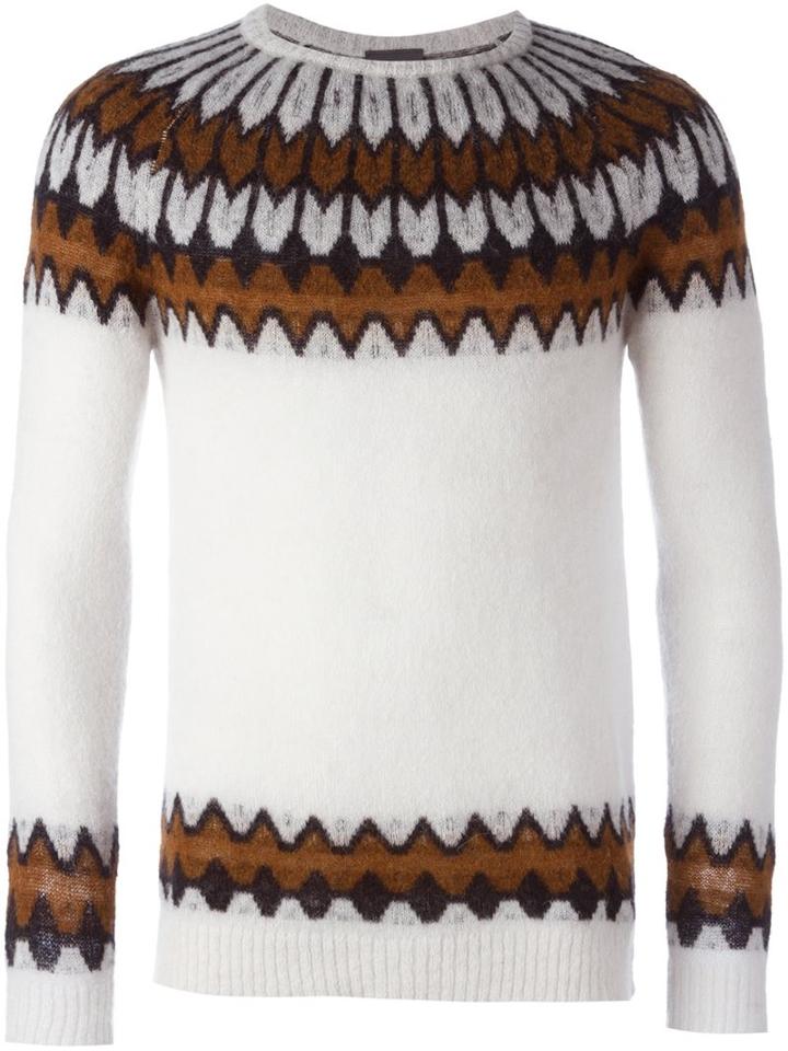 Laneus Geometric Print Jumper, Men's, Size: 50, White, Polyamide/wool/alpaca