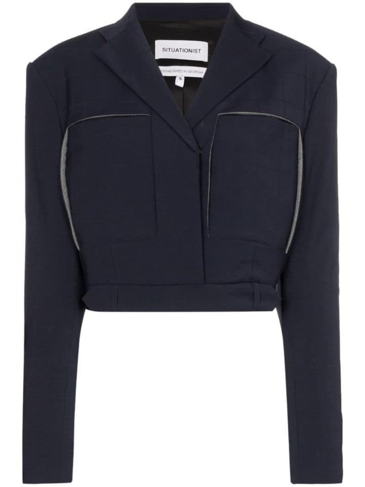 Situationist Checked-wool Cropped Blazer Jacket - Blue