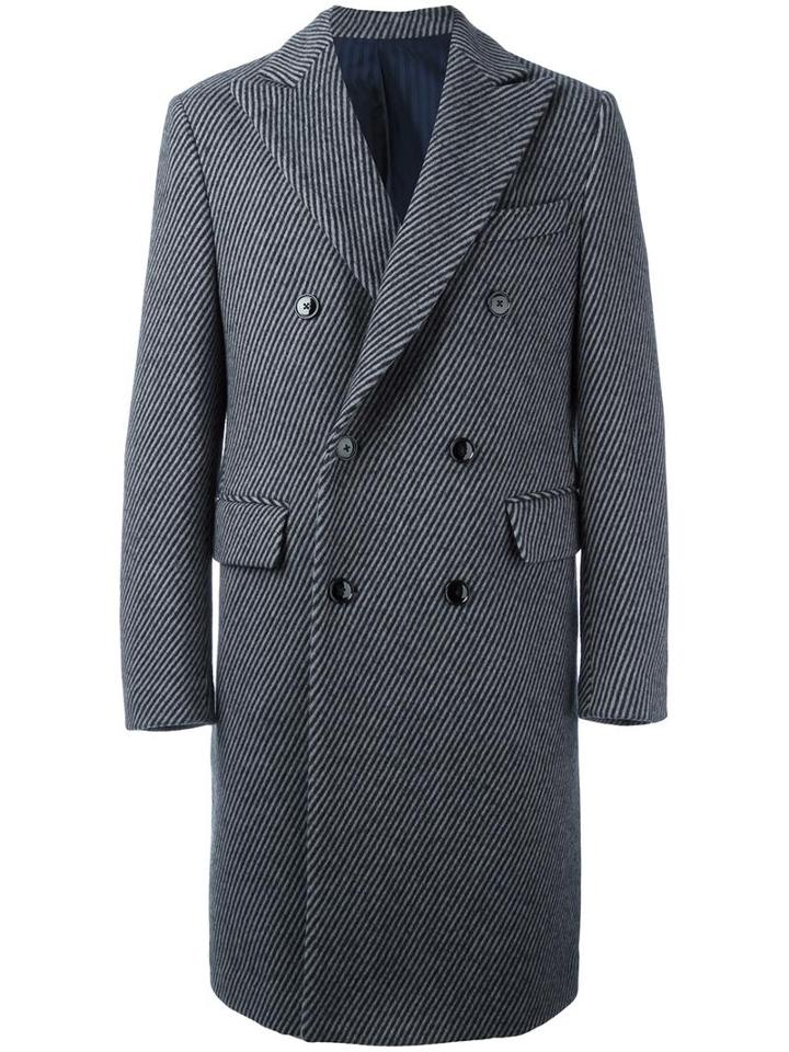 Mp Massimo Piombo Striped Double Breasted Coat, Men's, Size: 50, Grey, Wool/polyamide/cupro