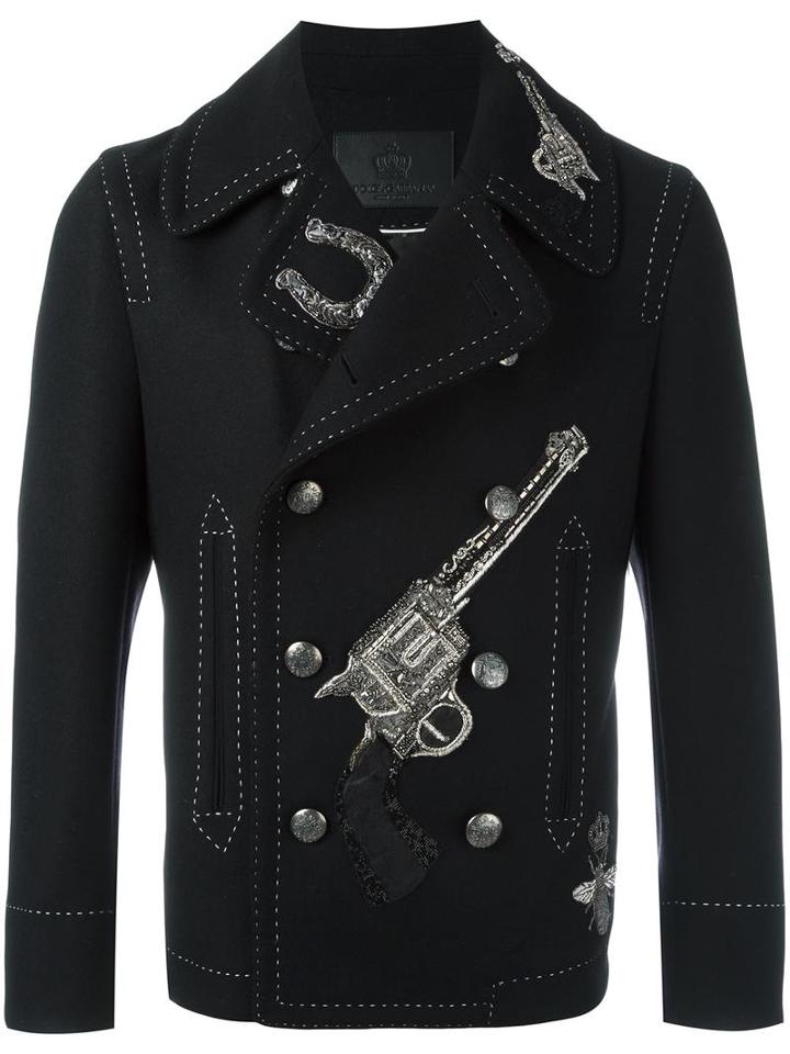 Dolce & Gabbana Appliqué Double Breasted Coat, Men's, Size: 48, Black, Silk/polyamide/polyester/glass