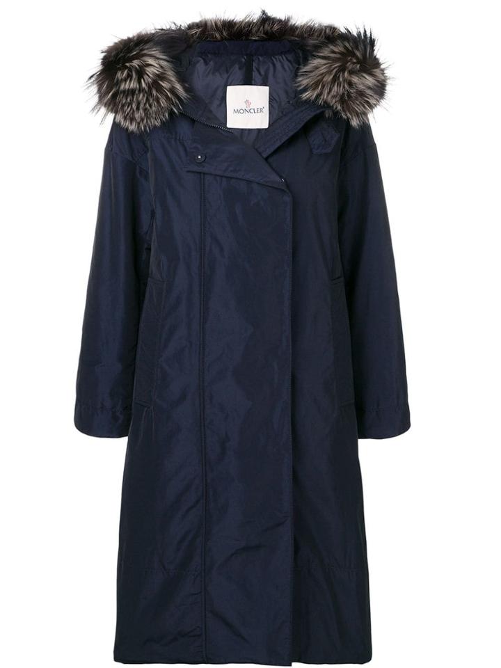 Moncler Bouvreuil Fox Fur Trimmed Hood Padded Coat - Blue