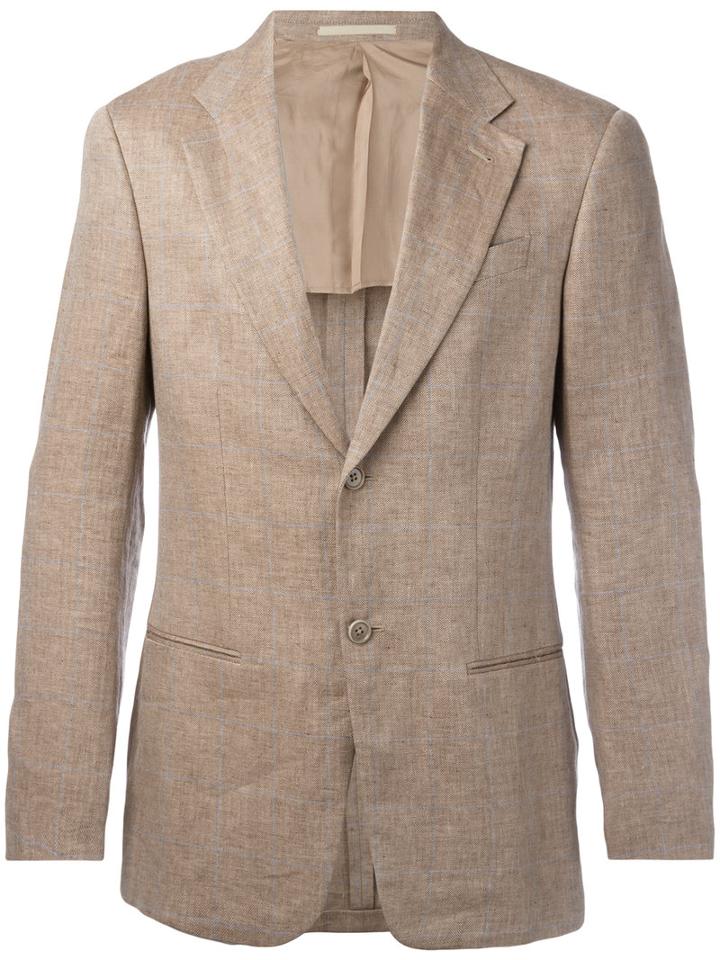Armani Collezioni Lightly Checked Blazer, Men's, Size: 48, Nude/neutrals, Linen/flax/viscose