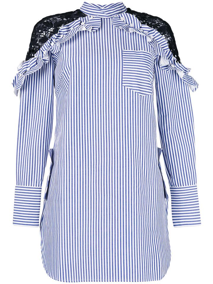 Self-portrait - Striped Lace Shoulder Dress - Women - Cotton/polyester - 10, White, Cotton/polyester
