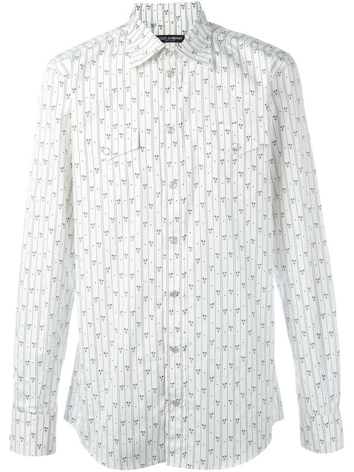Dolce & Gabbana Striped Floral Shirt, Men's, Size: 39, White, Cotton