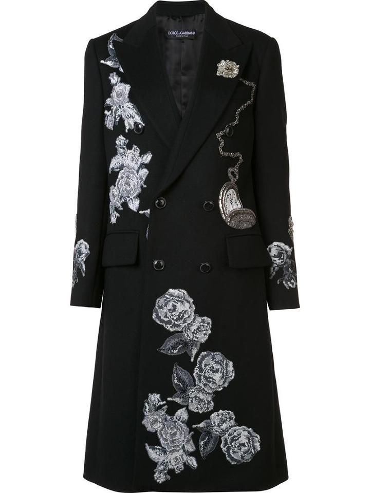 Dolce & Gabbana Embroidered Appliqué Roses Coat, Women's, Size: 40, Black, Wool/angora/viscose/cupro