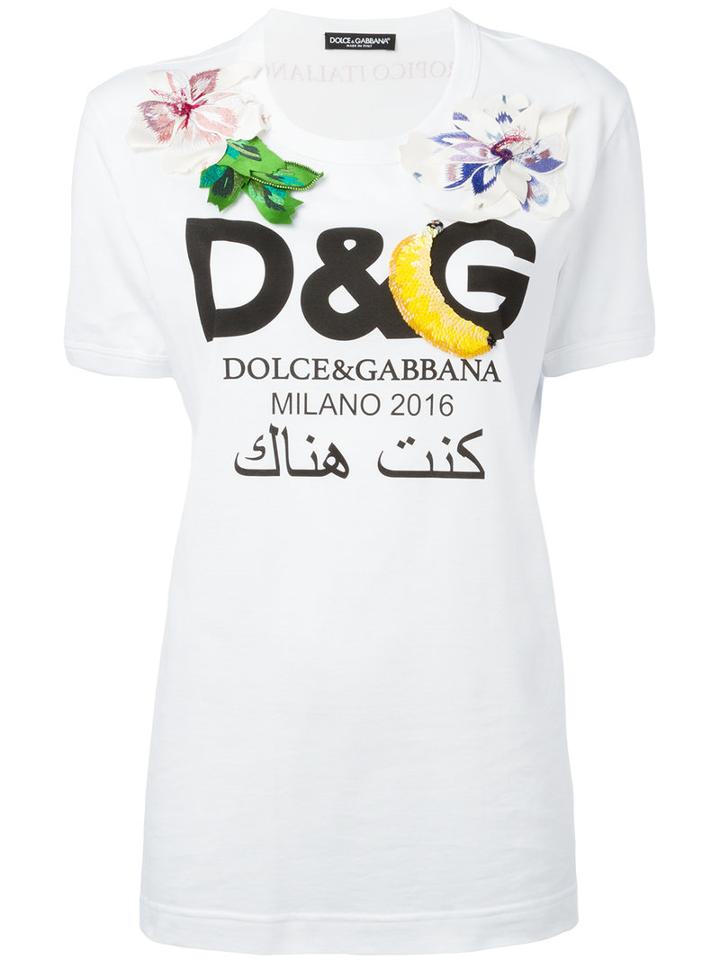 Dolce & Gabbana Floral Embellished Logo T-shirt, Women's, Size: 44, White, Silk/cotton/plastic/glass