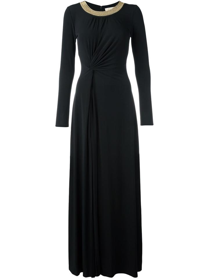 Michael Michael Kors Embellished Collar Gathered Dress, Women's, Size: Large, Black, Polyester/spandex/elastane