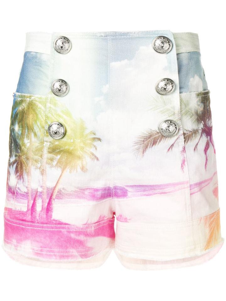 Balmain Printed Denim Shorts - Blue