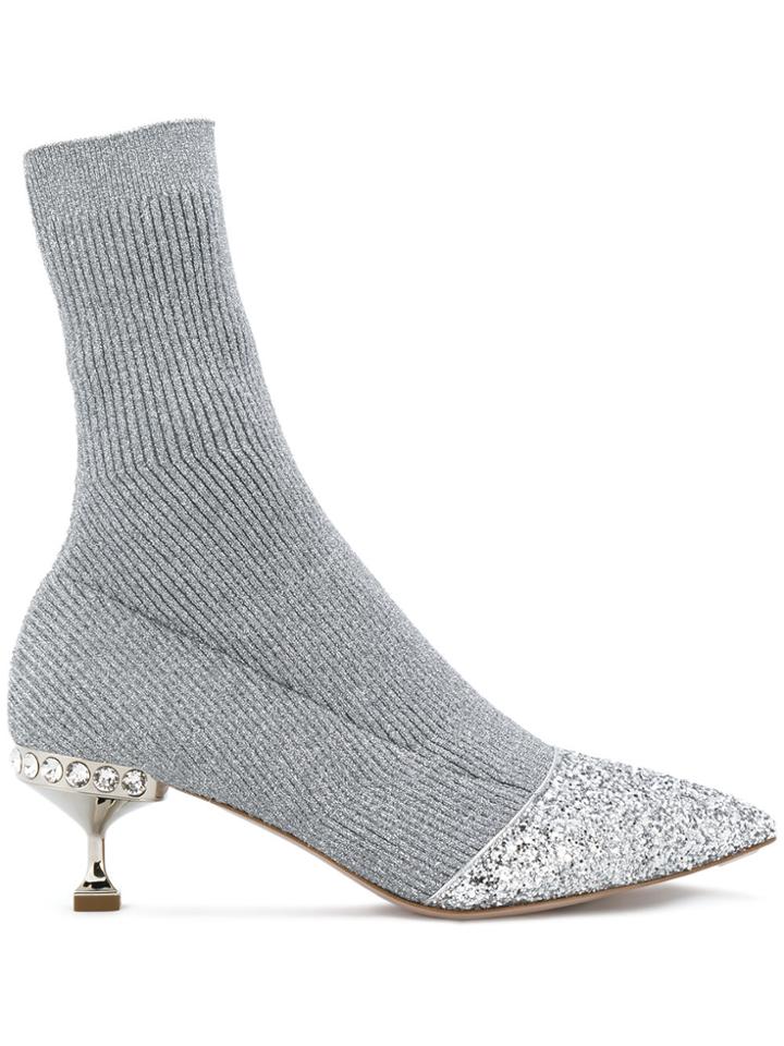 Miu Miu Embellished Sock Ankle Boots - Metallic