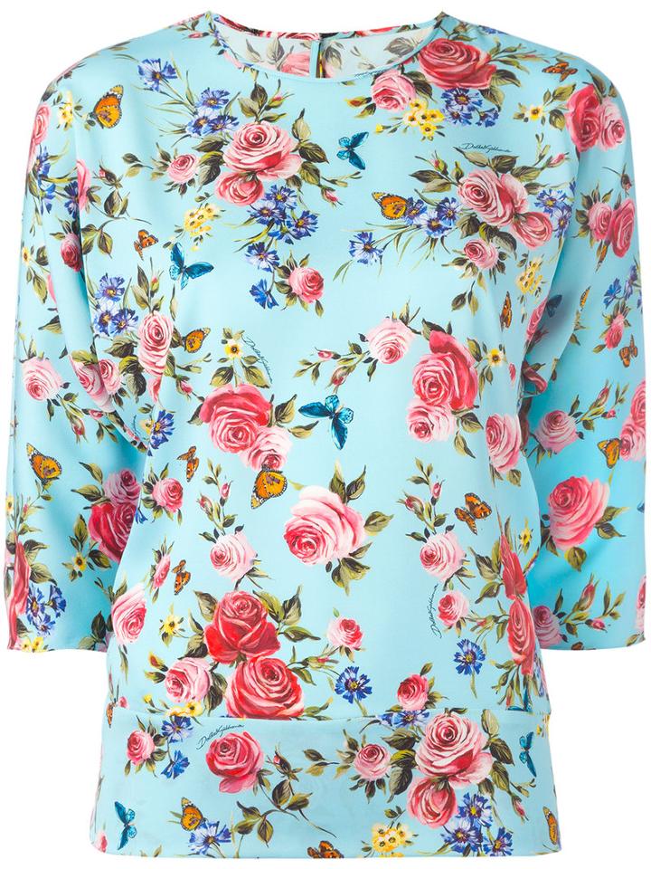 Dolce & Gabbana Floral Three-quarter Sleeve Blouse, Women's, Size: 44, Blue, Silk/elastodiene