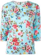 Dolce & Gabbana Floral Three-quarter Sleeve Blouse, Women's, Size: 44, Blue, Silk/elastodiene