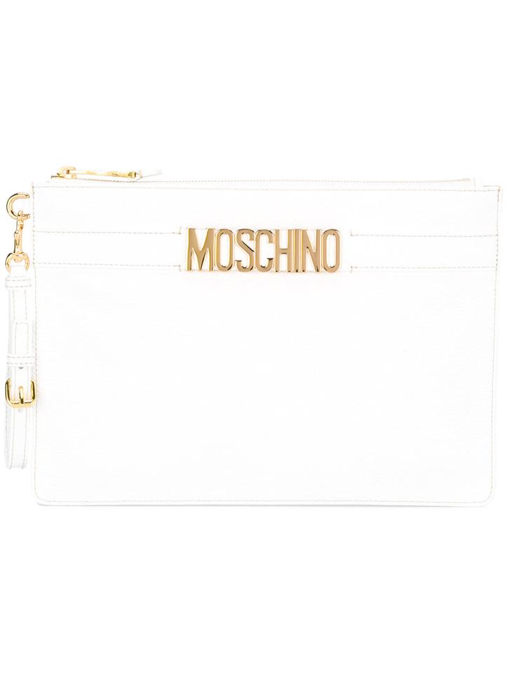 Moschino Logo Strap Clutch, Women's, White, Viscose/leather