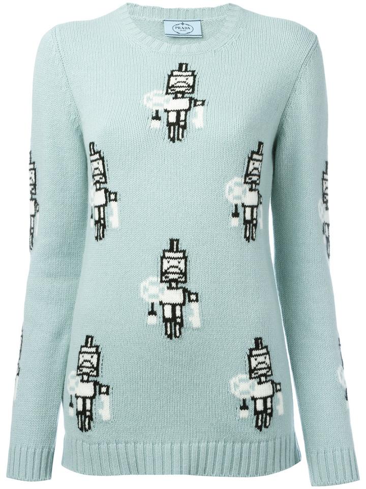 Prada Robot Pattern Jumper, Women's, Size: 42, Blue, Cashmere/wool