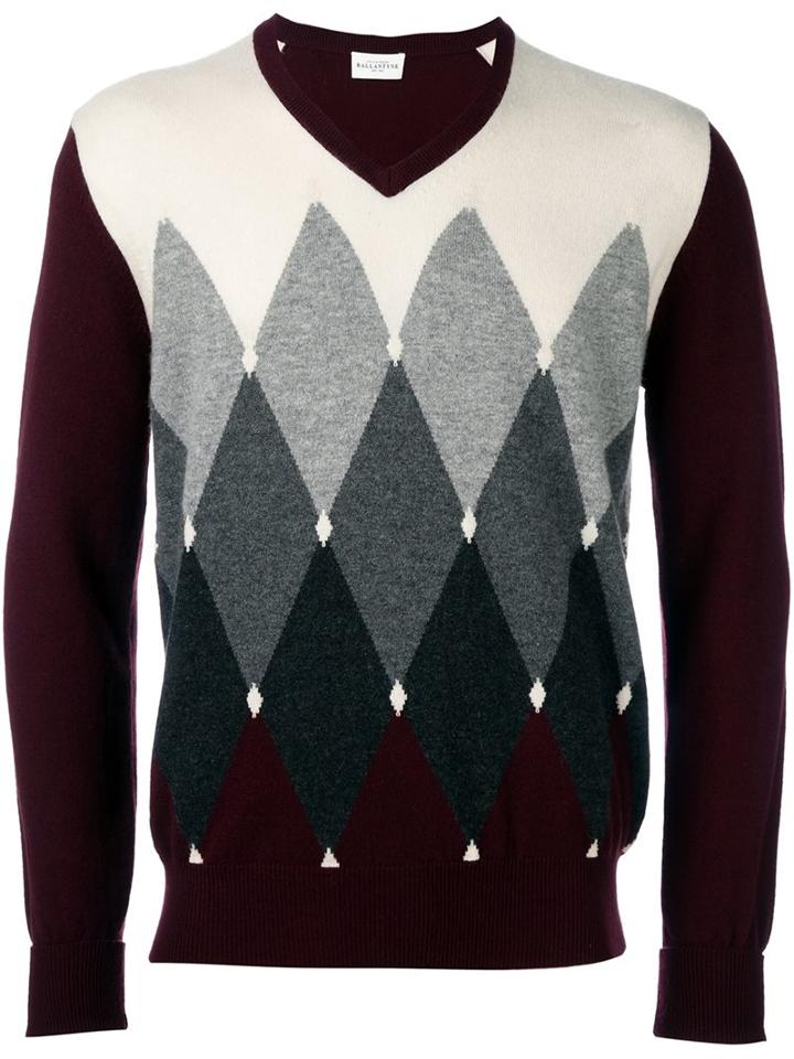 Ballantyne Geometric Intarsia Jumper, Men's, Size: 48, Red, Cashmere