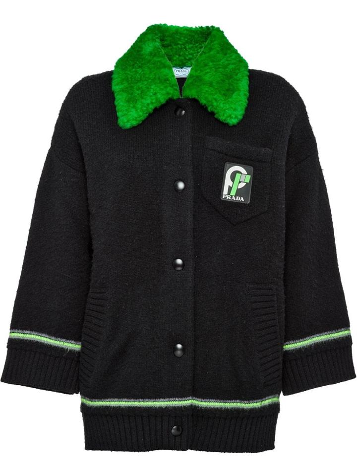 Prada Cardigan With Shearling Collar - Black