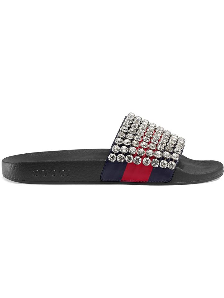 Gucci Web Slides With Crystals - Blue