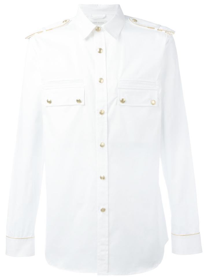 Pierre Balmain Military Slim-fit Shirt, Men's, Size: 50, White, Cotton