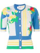 Thom Browne Vertical Stripe Floral Intarsia Short Sleeve Crew Neck