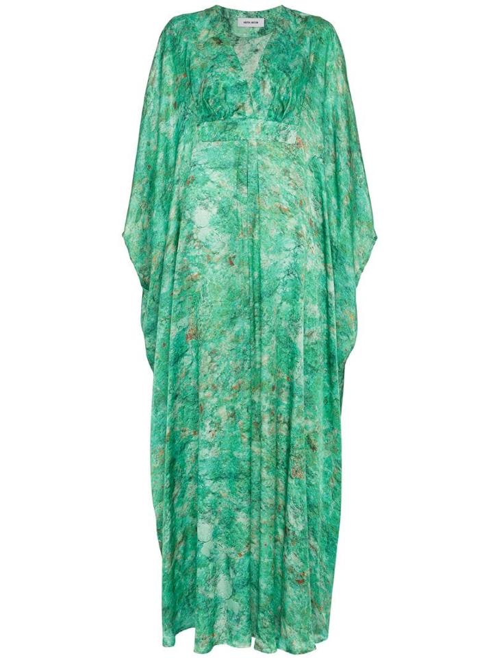 Märta Larsson Green Chrysocolla Printed Silk Kaftan Maxi Dress