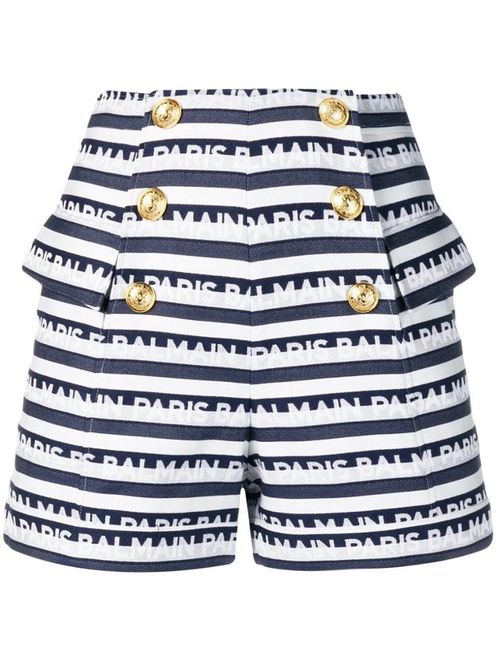 Balmain Logo Stripe Print Shorts - Blue