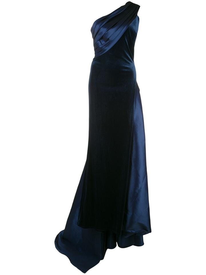 Tadashi Shoji Velvet And Satin One Shoulder Evening Gown - Blue