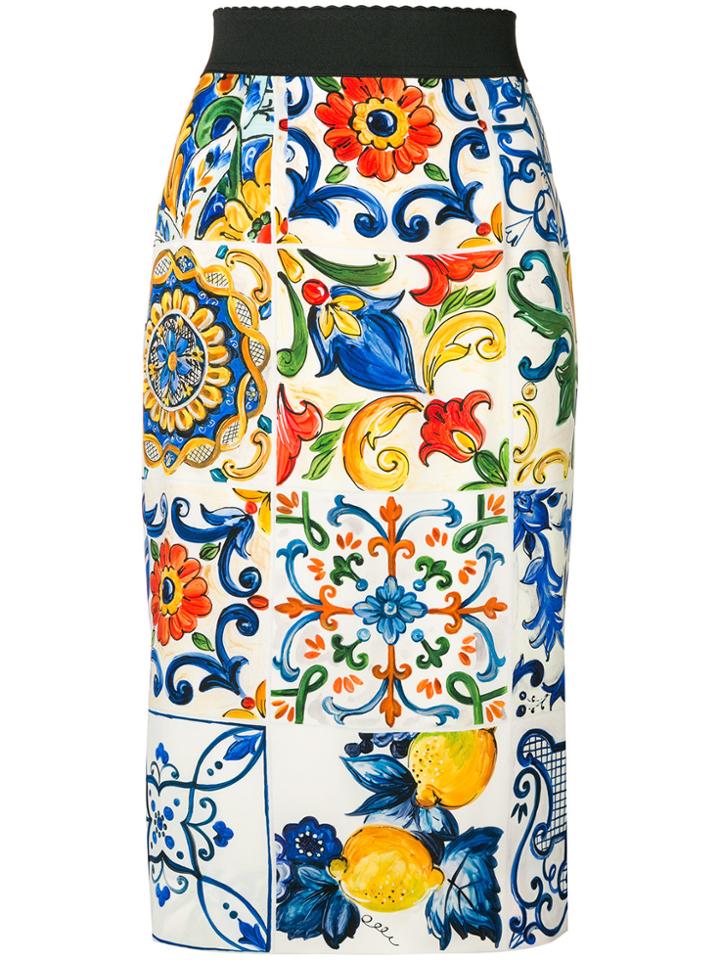 Dolce & Gabbana Majolica Print Pencil Skirt - White