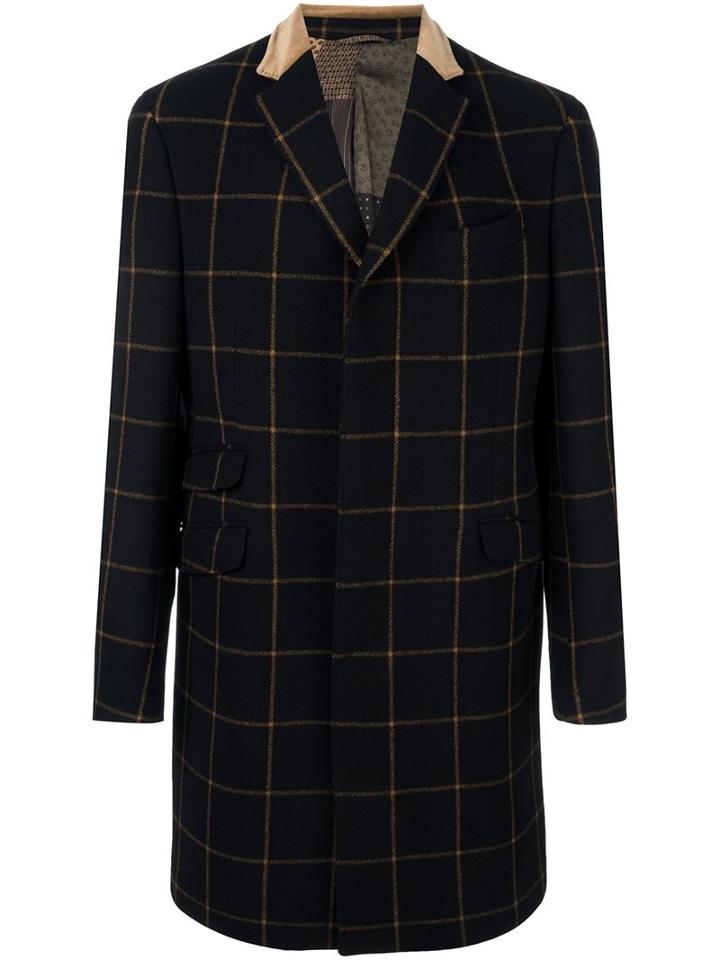 Etro Woven Check Coat, Men's, Size: 50, Black, Silk/cotton/calf Leather/wool