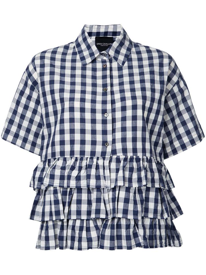 Erika Cavallini - Checked Ruffled Shirt - Women - Cotton/linen/flax - 46, Blue, Cotton/linen/flax