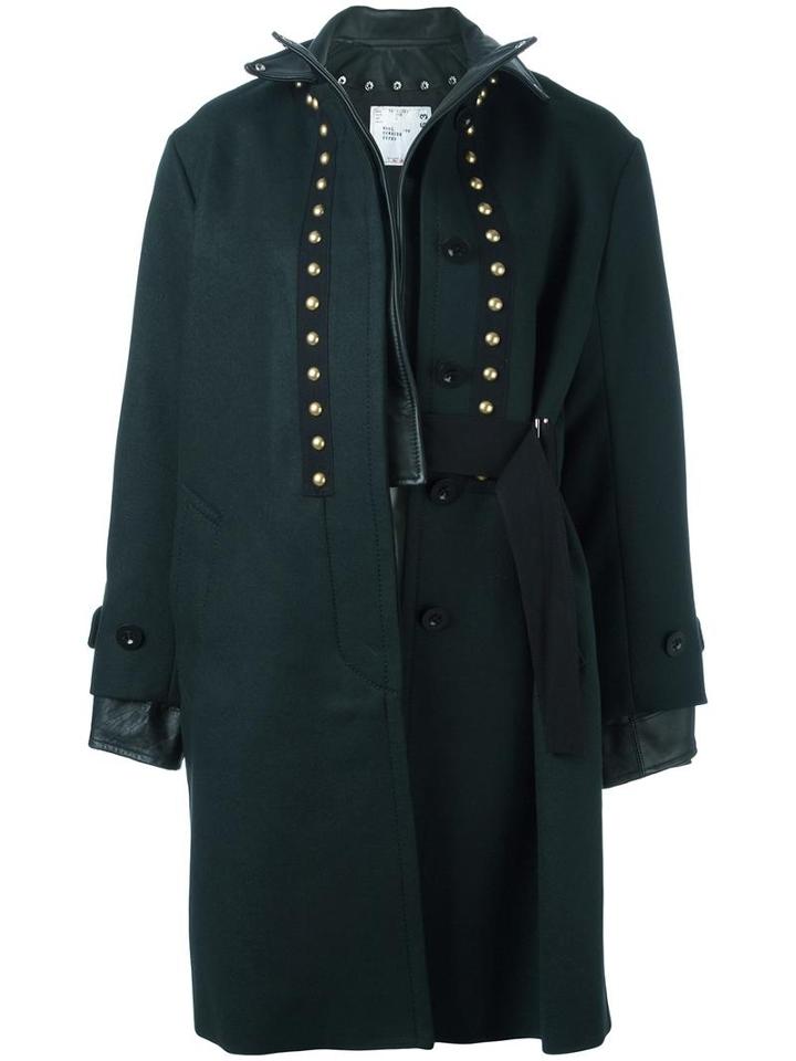 Sacai Leather Trimmed Coat, Women's, Size: 2, Green, Leather/cupro/wool
