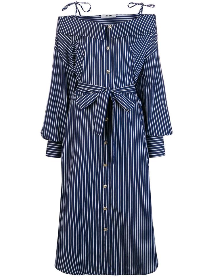 Msgm Striped Off Shoulder Shirt Dress - Blue