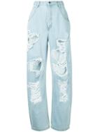 Pony Stone High Waist Distressed Baggy Jeans - Blue
