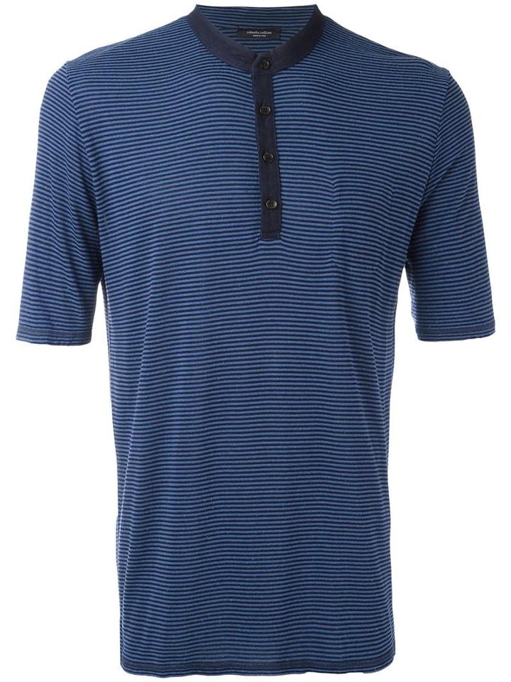 Roberto Collina Striped Polo Shirt, Men's, Size: 52, Blue, Silk/viscose/cotton