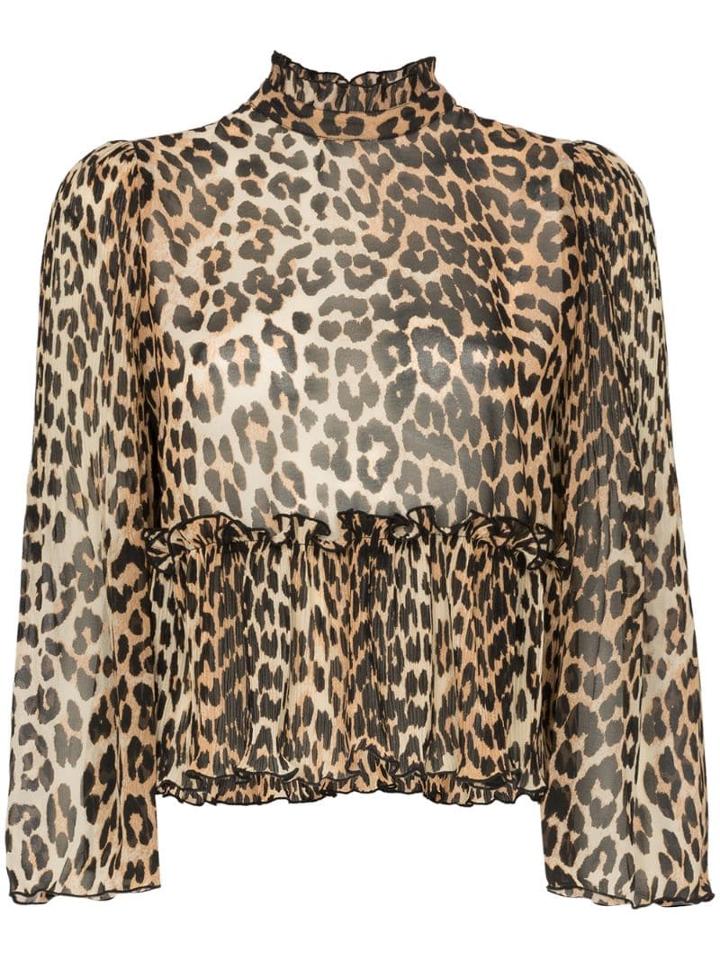 Ganni High Neck Leopard Print Blouse - Brown