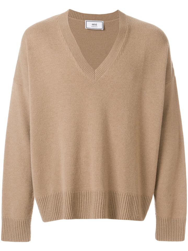 Ami Alexandre Mattiussi Oversized V Neck Sweater - Nude & Neutrals