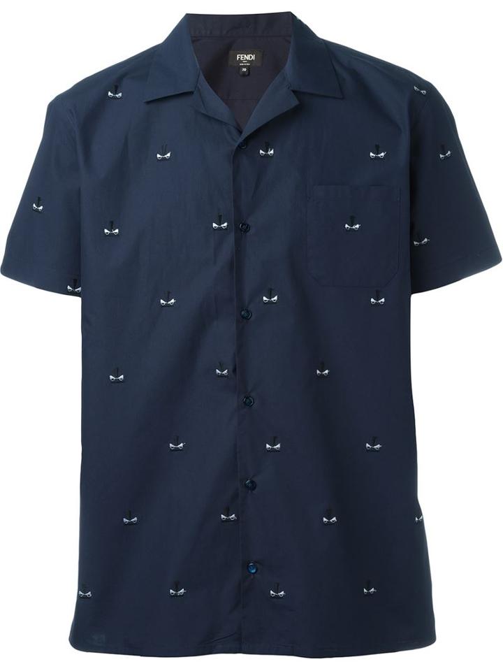 Fendi Bag Bugs Embroidered Shirt, Men's, Size: 41, Blue, Cotton/polyester