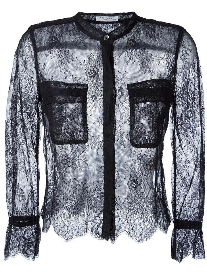 Equipment Chest Pockets Lace Blouse, Women's, Size: Xs, Black, Nylon