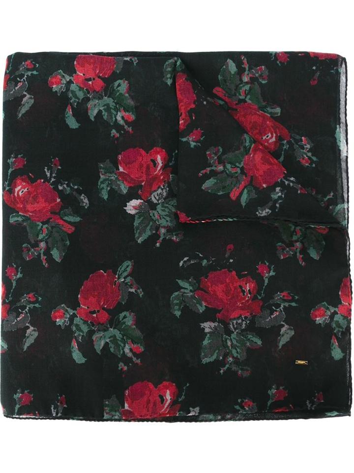 Saint Laurent Rose Print Scarf, Women's, Black, Wool