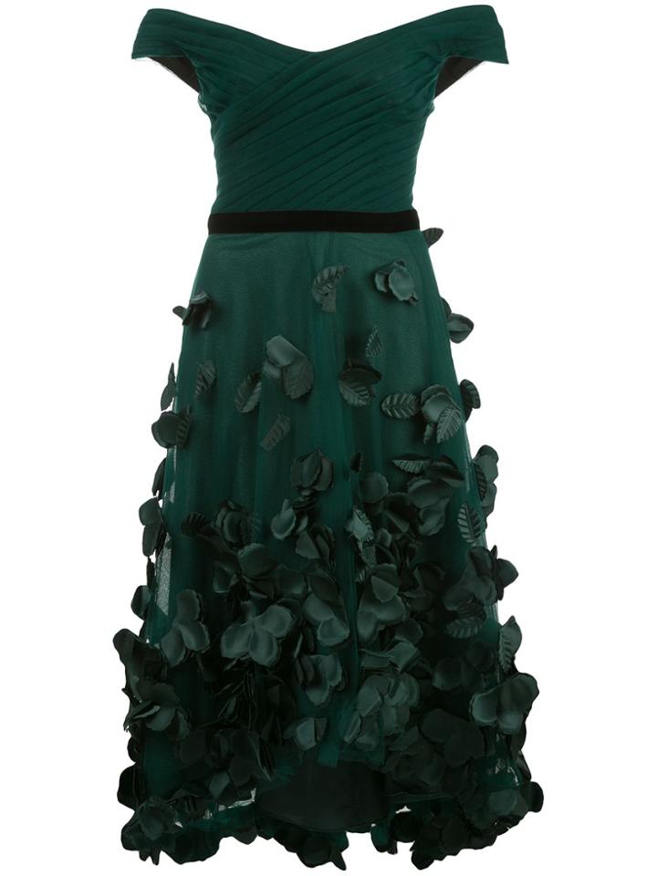 Marchesa Notte Flower-embellished Off-the-shoulder Dress - Green