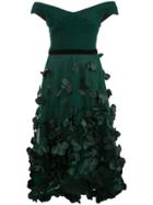 Marchesa Notte Flower-embellished Off-the-shoulder Dress - Green