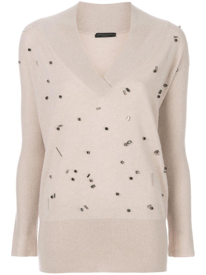 Fabiana Filippi Beaded V-neck Pullover - Nude & Neutrals