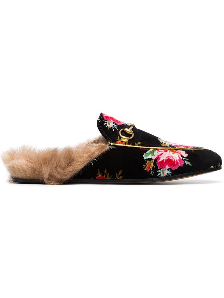 Gucci Rose Princetown Velvet Fur Lined Slippers - Black