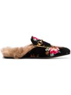 Gucci Rose Princetown Velvet Fur Lined Slippers - Black